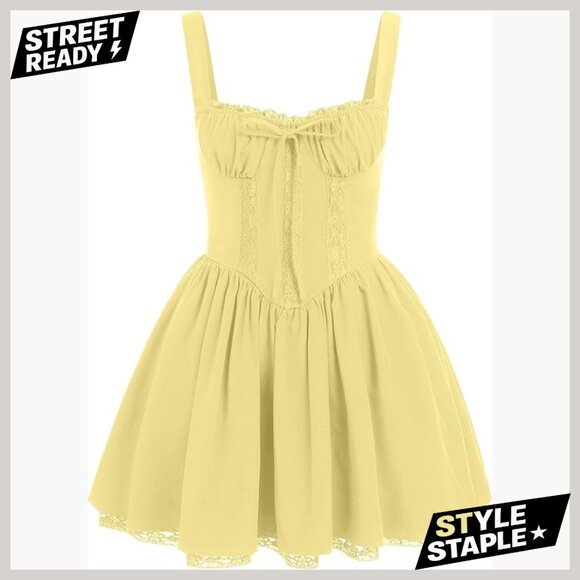 Dresses & Skirts - Spaghetti Strap Corset Dress Backless Mini Sundress Floral Lace Ruffle